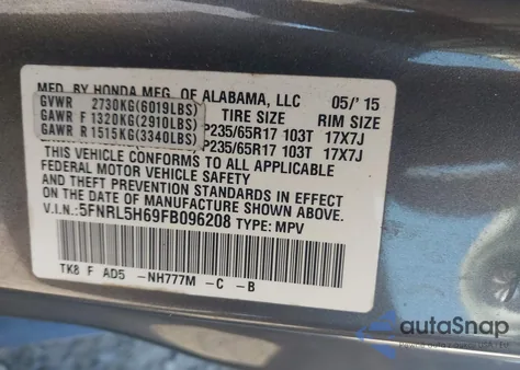 2015 Honda Odyssey Ex-L z USA, uszkodzony, nr VIN 5FNRL5H69FB096208